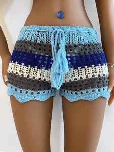 Women's colorful striped crochet shorts with hollow-out knit pattern and tassel drawstring