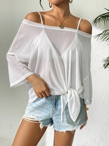 Elegant white translucent off-shoulder chiffon top with side-tie bow detail for beachwear