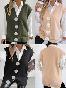 Women's Knitted Vest V-Neck Cardigan With Crocheted Flower Artificial Pearl Buttons Loose Sleeveless Sweater Top For Casual Daily Wear