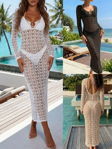 Women Sexy Crochet Hollow Out Beach Cover Up Backless Long Sleeve Maxi Dress With Metal Ring Vacation Swimwear