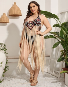 Detailed shot of multi-color crochet knit beach cover-up with extra long fringe tassels