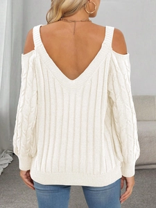 Women's cream off-shoulder knit sweater with V-back cable stitch and hollow floral details