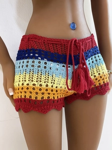 Colorful striped crochet shorts with tasseled drawstring and hollow-out knit design