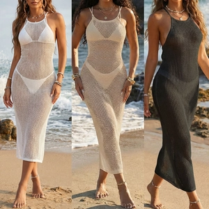 Three-color comparison of crochet hollow halter beach dresses in white, beige, and black