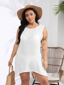Vestito Copricostume da Spiaggia Taglie Forti Donna Sexy Schiena Scoperta Tinta Unita Senza Maniche Mini Abito Vacanza Estate