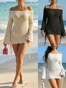 Robe de Plage Ajourée au Crochet pour Femmes Épaules Dénudées Sexy Manches Évasées avec Cordon de Serrage Mini Robe Resort