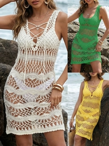 Women Sexy Crochet Hollow Out Beach Cover Up Dress V Neck Lace Up Sleeveless Knit Tassel Backless Vacation Swimsuit Wrap
