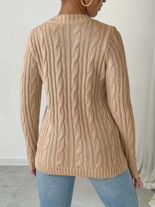 Back view of camel cable knit sweater featuring classic crew neck and slim fit for women
