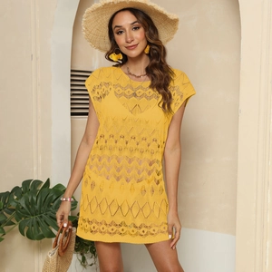Women's yellow crochet beach cover-up dress with hollow knit patterns and short sleeves
