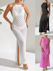 Robe Cache-maillot au Crochet Ajouré pour Femme avec Détail Étoile de Mer Dos Nu Fente Haute Robe Maxi pour Vacances