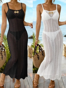 Femmes Sexy Crochet Ajouré Plage Maxi Robe Bretelles Spaghetti Boucle Métallique Coupe Ajustée Tricot Vacances Robe Longue