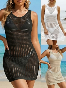 Donna Sexy Uncinetto Traforato Senza Maniche Copricostume da Spiaggia Mini Abito Tinta Unita Maglia Camice per Vacanze Estive