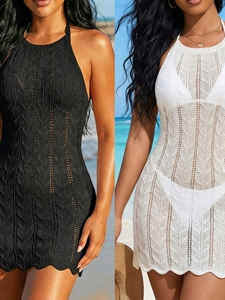 Femmes Sexy Cache-maillot de Plage au Crochet Dos Nu Ajouré Bord Ondulé Tricoté Vacances d'Été Maillots de Bain Mini Robe