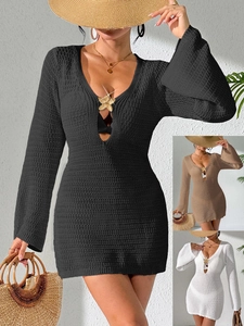 Damen Sexy Tiefer V-Ausschnitt Hohl Gehäkelt Glockenärmel Strand-Abdeckung Kleid Mit Metall Seestern Detail Urlaub Minikleid