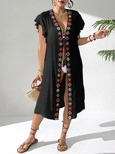 Bohemian black beach cover-up with colorful geometric embroidery and ruffled sleeves