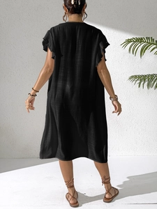 Black ruffled crochet bikini cover up with pleated texture and open front design