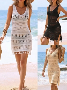 Cache-Maillot de Plage au Crochet Ajouré pour Femme Col en V Sans Manches Ourlet à Gland Fente Latérale Robe en Tricot