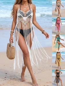 Robe de Plage en Crochet pour Femmes Avec Paillettes et Longues Franges à Glands Style Bohème Tricot Cache-Maillot
