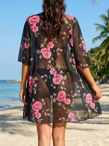 Floral print mesh beach cover-up with pink rose pattern and loose kimono sleeves