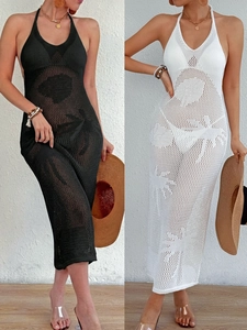 Women Sexy Crochet Halter Backless Maxi Beach Dress Hollow Out Knit Coconut Tree Jacquard Swimsuit Cover Up Long Dress