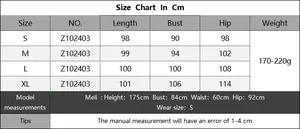Detailed size guide table with measurements in cm for length, bust, and hip sizes