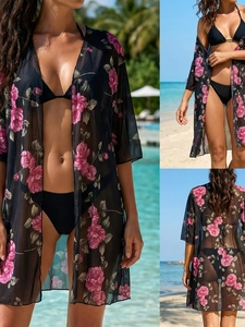 Women Floral Print Mesh Beach Cover-up Sheer Rose Pattern Loose Sun Protection Cardigan Half Sleeve Resort Wear Outwear