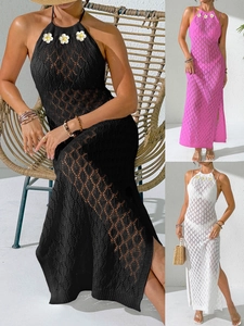 Abito da Spiaggia Sexy Donna Scollo Americana Uncinetto Traforato Geometrico Schiena Scoperta Copricostume Con Decorazioni Floreali