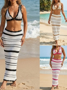 Damen Häkeln Gestreift Strand Cover Up Set Polyester Gestrickte Bikini Top Und Maxi Rock Für Urlaub Boho Stil Bademode