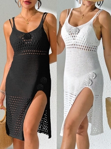 Robe Cache-Maillot de Plage au Crochet pour Femmes Ajouré Fleurs Fente Col en V Bohème Vacances Soleil