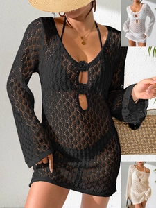 Women Sexy Crochet Hollow Out Beach Cover Up Dress V Neck Flare Sleeve Mini Bikini Coverups For Seaside Vacation Resort Wear
