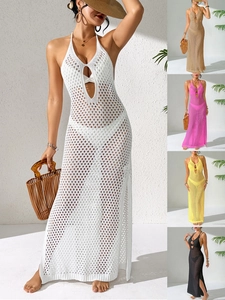 Women Halter Neck Crochet Maxi Dress Side Slit Backless Hollow Out Beach Swimsuit Cover Up Summer Vacation Long Dress
