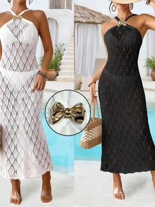 Damen Sexy Häkel Maxikleid Mit Neckholder Blattmuster Metallschleife Rückenfrei Ärmellos Strand Urlaub Langes Kleid