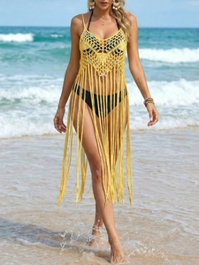 Robe de plage au crochet jaune avec paillettes, pompons et bretelles spaghetti chic