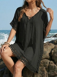 Women's black boho beach cover-up with V-neck lace trim and loose crochet stitching