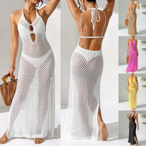 Detail view of crochet beach cover-ups with side slit and halter neck in five colors