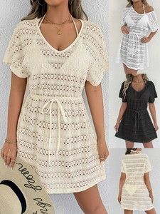Robe de Plage Cache-Maillot Femme au Crochet Ajouré Sexy Col en V Taille à Cordon Manches Courtes Bohème Vacances Mini Robe