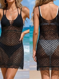 Robe Cache-maillot de Plage Noire au Crochet pour Femmes Ajourée Dentelle Col en V pour Vacances d'Été