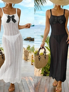 Damen Sexy Häkel Durchbruch Schleife Strand Maxikleid Slim Fit Camisole Patchwork Resort Badeabdeckung Langes Sonnenkleid