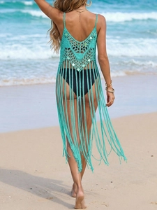 Robe de plage au crochet fait main vert menthe avec longues franges et sequins