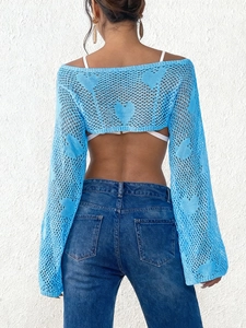 Light blue heart crochet hollow out crop top with long flared sleeves and open back