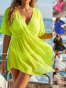Women Mesh Beach Cover Up Deep V Neck High Waist Sheer Bikini Swimwear Coverups For Vacation Pool Party Summer Mini Dress