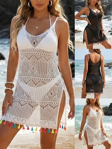 Women Crochet Hollow Out Beach Cover Up Dress Deep V Neck Side Split Colorful Tassel Boho Swimwear Vacation Mini Dress