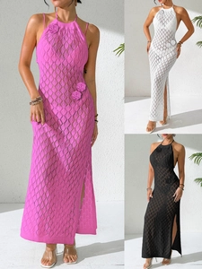 Vestito Copricostume da Spiaggia Sexy Donna all'Americana Uncinetto Traforato Lungo in Maglia Decorazione Floreale Spacco