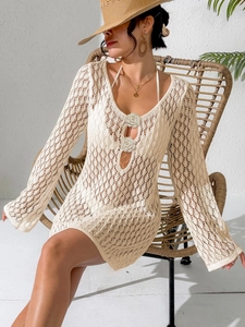 Chic cream crochet beach cover-up dress with V-neck and delicate 3D floral accents