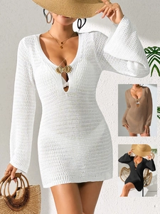 Damen Sexy Tiefer V Ausschnitt Gehäkeltes Strandkleid Metall Muschelschnalle Ausgestellte Ärmel Strick Mini Kleid