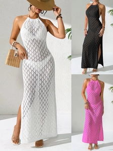 Robe Longue Sexy au Crochet pour Femmes Dos Nu avec Fente Latérale Sortie de Plage pour Vacances d'Été Robe en Maille