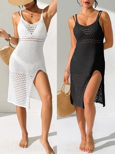 Women's Crochet Beach Cover Up Dress V Neck Spaghetti Strap Hollow Out Side Slit Midi Knit Dress Summer Vacation Swimwear