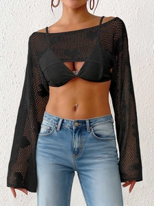 Women's black heart-shaped crochet knit crop top cover-up with long sleeves