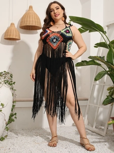 Women's Bohemian Crochet Tassel Beach Cover Up Plus Size Patchwork Geometric Hollow Out Knit Halter Smock For Swimwear