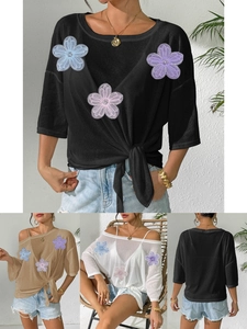 Women Sheer Mesh Top Floral Applique Knot Hem Off Shoulder Loose Beach Cover Up Sexy Summer Sun Protection Blouse